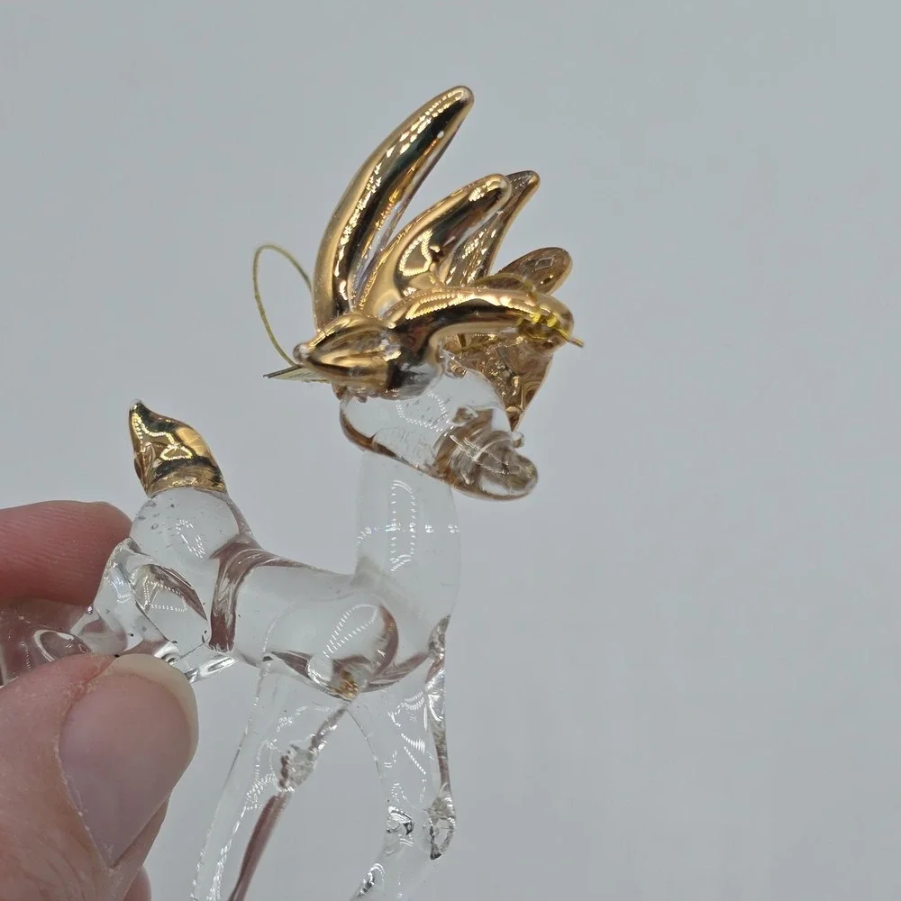 Vintage Spun Glass Reindeer Figure Ornament Painted Gold‎ Accents Deer Prancing